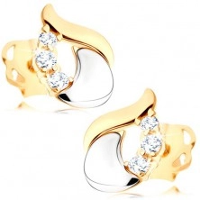 Gyémánt fülbevaló - fényes könnycsepp 14K fehér és sárga aranyból, három átlátszó briliáns
