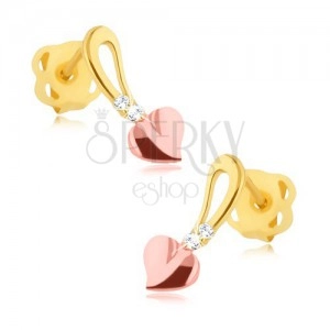Briliáns fülbevaló - 14K sárga és rózsaszín arany, szív száron, gyémántok