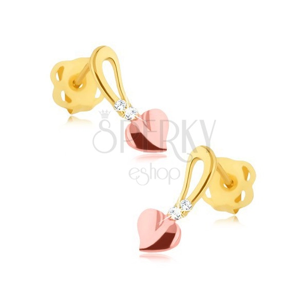Briliáns fülbevaló - 14K sárga és rózsaszín arany, szív száron, gyémántok