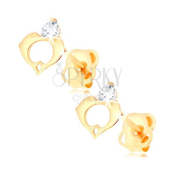 Fülbevaló sárga 14K aranyból - átlátszó gyémánt, szív körvonala két delfinből