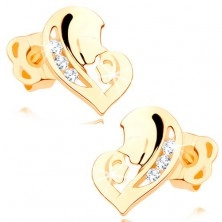 Gyémánt fülbevaló sárga 14K aranyból - szív két arcból, átlátszó briliánsok