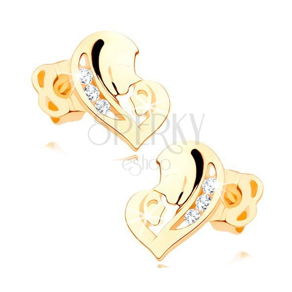 Gyémánt fülbevaló sárga 14K aranyból - szív két arcból, átlátszó briliánsok