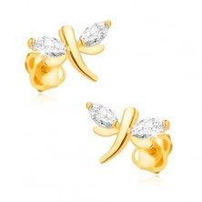 Fülbevaló sárga 14K aranyból - csillogó szitakötő, szem alakú gyémántok a szárnyakon