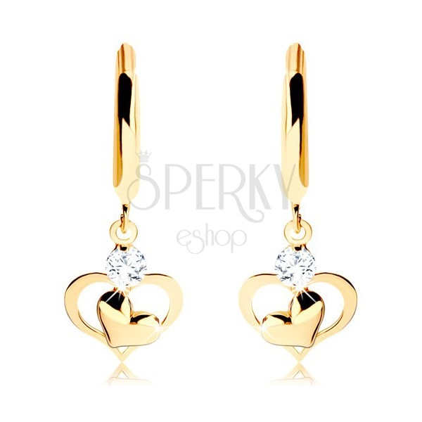 Briliáns 585 arany fülbevaló - fényes karika függő gyémánttal és szívekkel