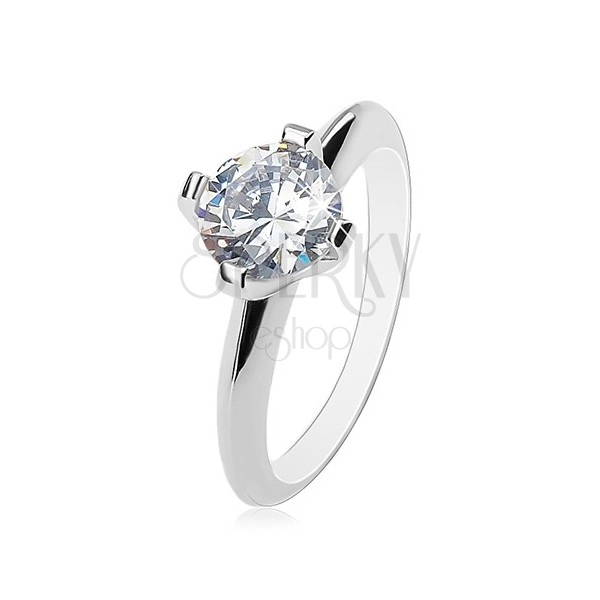 Eljegyzési gyűrű - 925 ezüst, nagy átlátszó cirkónia, fényes lemetszett szárak