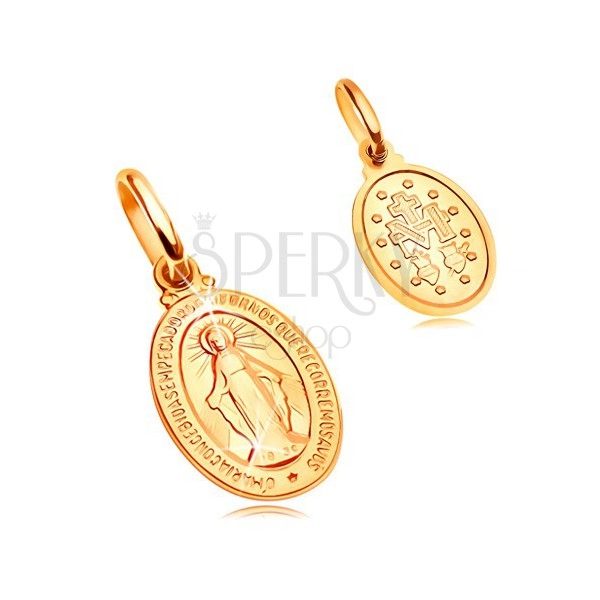 Medál sárga 14K aranyból - ovális tábla Szűz Mária szimbólumokkal