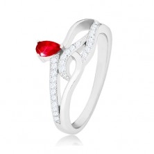 925 ezüst gyűrű, piros könnycsepp alakú cirkónia, hullámos cirkóniás vonalak