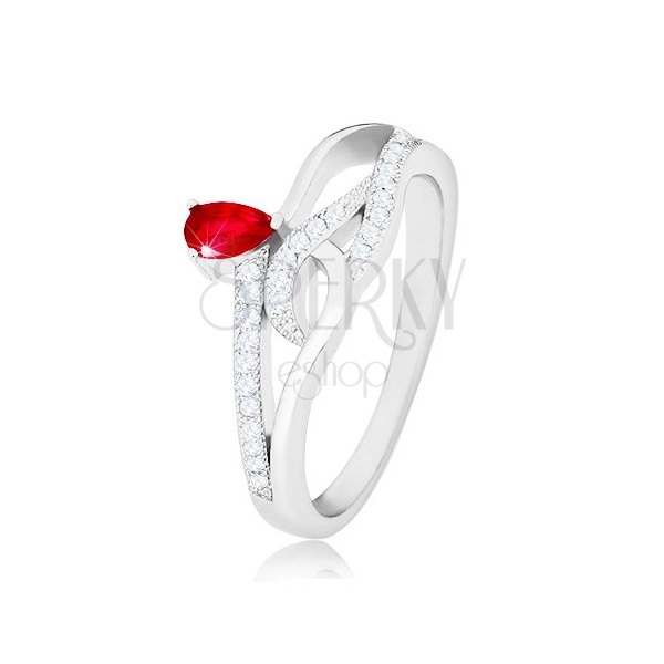 925 ezüst gyűrű, piros könnycsepp alakú cirkónia, hullámos cirkóniás vonalak