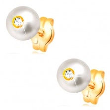 14K arany fülbevaló - kerek fehér gyöngy beültetett átlátszó cirkóniával, 5 mm