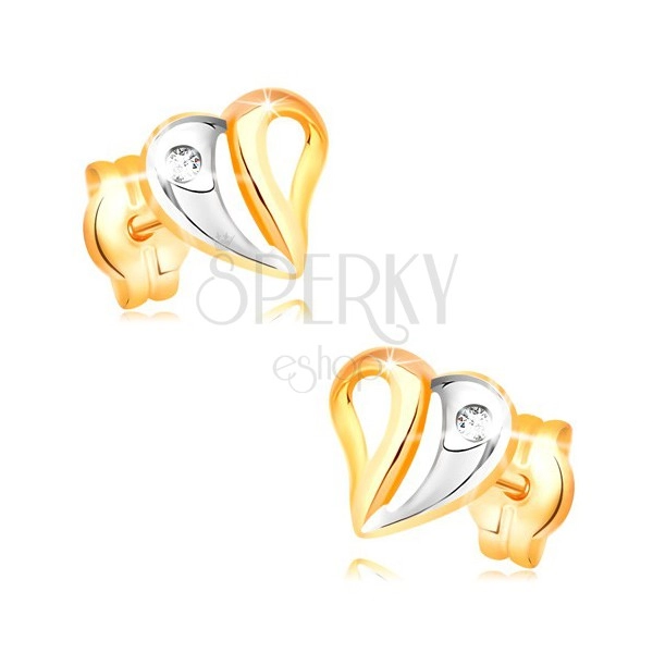 Fülbevaló sárga és fehér 14K aranyból - kétszínű szív kivágásokkal és cirkóniával