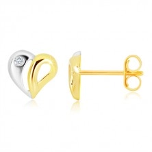 Fülbevaló sárga és fehér 14K aranyból - kétszínű szív kivágásokkal és cirkóniával