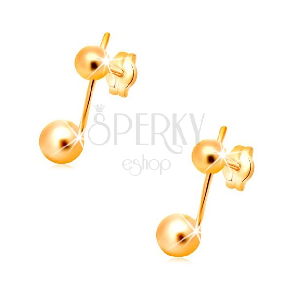 Fülbevaló sárga 14K aranyból - két gömb vékony pálcával összekapcsolva 
