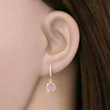 14K arany fülbevaló - keskeny íven függő átlátszó kerek kristály