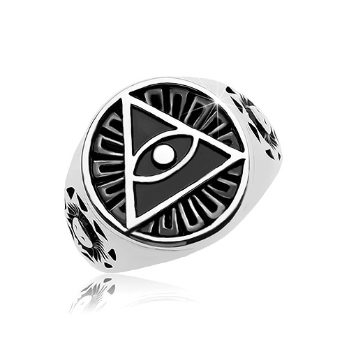 Gyűrű 316L acélból, fekete patinás kör és háromszög szemmel - Nagyság: 68