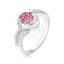 925 ezüst gyűrű, cirkóniás világos rózsaszín virág, hullámos gyűrűsín