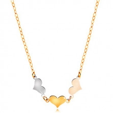 14K arany nyaklánc - három szimmetrikus lapos szív az arany három árnyalatában