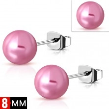 Acél fülbevaló ezüst színben gyöngyház rózsaszín golyóval, 8 mm