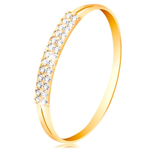 Arany 585 gyűrű, szárak oldalain kivágások, csillogó sáv átlátszó cirkóniákból - Nagyság: 48