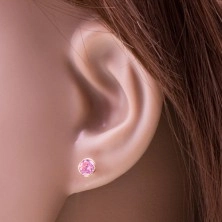 14K arany fülbevaló - kerek világos rózsaszín cirkónia foglalatban, 5 mm