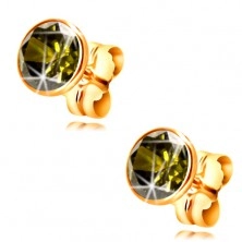 14K arany fülbevaló - kerek olivazöld cirkónia foglalatban, 5 mm