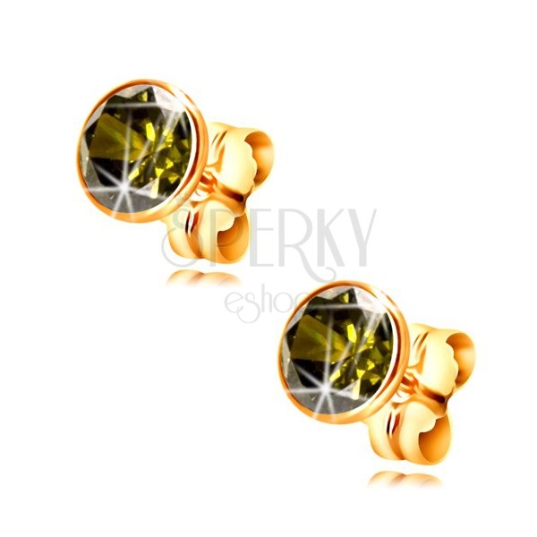 14K arany fülbevaló - kerek olivazöld cirkónia foglalatban, 5 mm