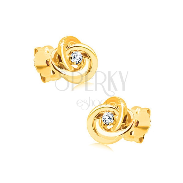 Gyémánt fülbevaló 585 sárga aranyból - három karikából álló csomó, átlátszó gyémánt