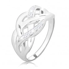 925 fényes ezüst gyűrű, összefont sima és cirkóniás vonalak