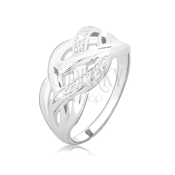 925 fényes ezüst gyűrű, összefont sima és cirkóniás vonalak