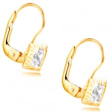14K sárga arany fülbevaló - négyzet alakú foglalat bevágásokkal, csiszolt átlátszó cirkónia, 5 mm