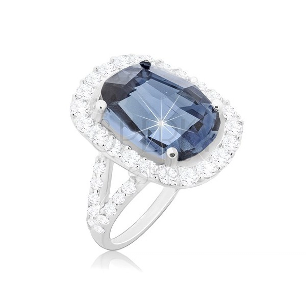925 ezüst gyűrű, nagy kék cirkónia kerettel átlátszó cirkóniákból