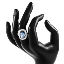 925 ezüst gyűrű, nagy kék cirkónia kerettel átlátszó cirkóniákból