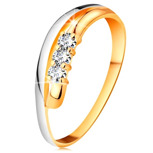 Briliáns gyűrű 18K aranyból, hullámos kétszínű szárak, három átlátszó gyémánt - Nagyság: 63