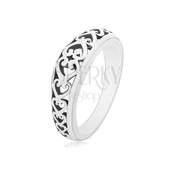 925 ezüst gyűrű, kivágott szív alakú ornamentumok, patinás