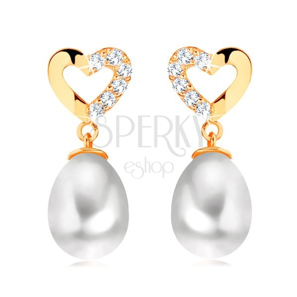 Gyémánt fülbevaló 14K sárga aranyból - szív körvonal gyémántokkal, ovális alakú gyöngy