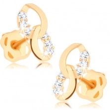 14K sárga arany fülbevaló - két összekötött ellipszis, vonalak átlátszó gyémántokból