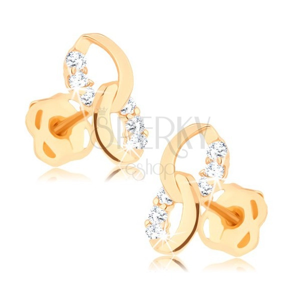 14K sárga arany fülbevaló - két összekötött ellipszis, vonalak átlátszó gyémántokból