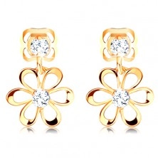 Gyémánt 14K sárga arany fülbevaló - virág lekerekített szirmokkal, átlátszó gyémántok