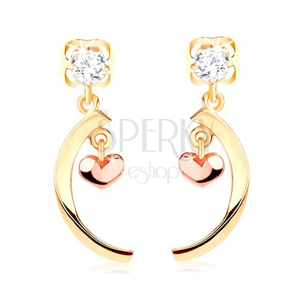 Gyémánt fülbevaló 14K aranyból - átlátszó gyémánt, fényes ív, apró kidomborodó szív