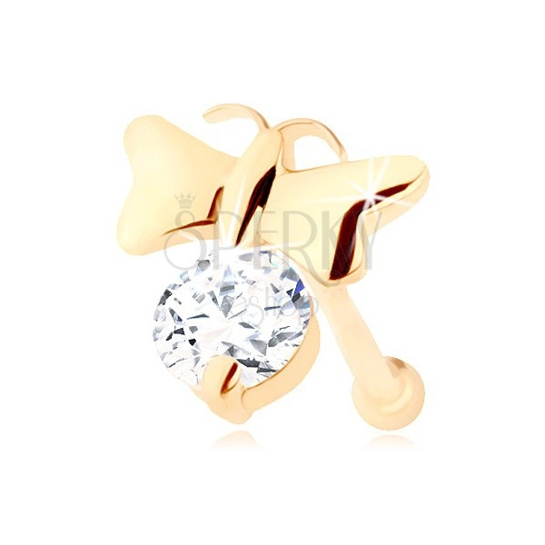 Gyémánt 14K sárga arany orr piercing - fényes pillangó és átlátszó gyémánt