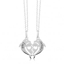 925 ezüst nyakékek - kettétört szív két delfinből, Love Forever