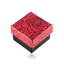 Ajándékdoboz gyűrűre vagy fülbevalóra, rózsa minta, fekete - piros kombináció