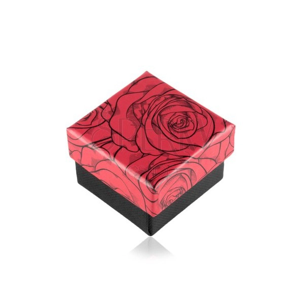 Ajándékdoboz gyűrűre vagy fülbevalóra, rózsa minta, fekete - piros kombináció