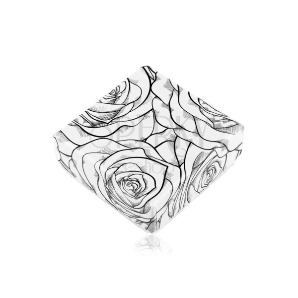Ajándékdoboz fülbevalóra vagy két gyűrűre, fekete rózsavirág minta fehér alapon