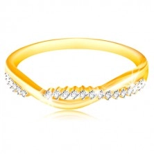 14K arany gyűrű - két keskeny összefont hullám - sima és cirkóniás