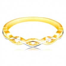 585 arany gyűrű - két keskeny, összefont hullám sárga és fehér aranyból, cirkóniák