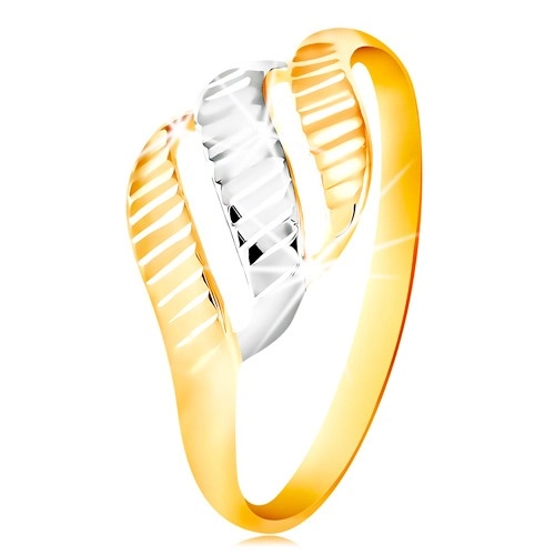 585 arany gyűrű - három hullám sárga és fehér aranyból, fényes vágatok - Nagyság: 54