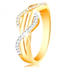 585 arany gyűrű - cirkóniás hullámok sárga és fehér aranyból, egyenes sima sávok