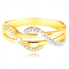 585 arany gyűrű - cirkóniás hullámok sárga és fehér aranyból, egyenes sima sávok