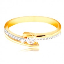 14K arany gyűrű - osztott vállak fehér arany kombinációval, kiálló kör alakú tiszta cirkónia  