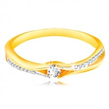 14K arany gyűrű, szétválasztott szárak sárga és fehér aranyból, átlátszó cirkóniák